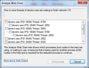 Analyze wait chain showing One or more threads of devenv.exe are waiting to finish network I/O.